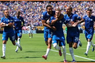 Chelsea players celebrate in the Club World Cup final victory over PSG