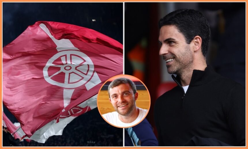 Mikel Arteta and Fabrizio Romano and the Arsenal logo on a flag