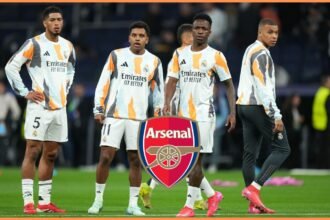 Jude Bellingham, Rodrygo Goes, Vinicius Junior and Kylian Mbappe warming up for Real Madrid