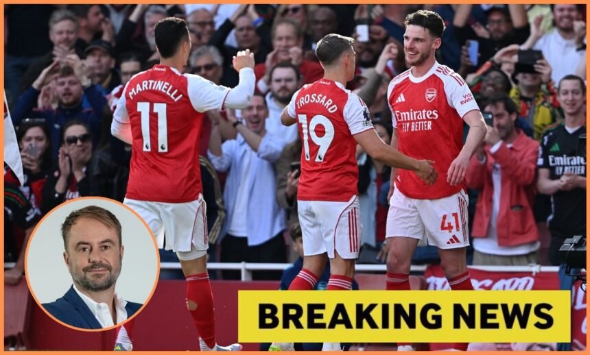 Gabriel Martinelli, Leandro Trossard, and Declan Rice celebrate during Arsenal