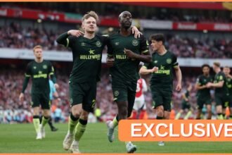 Yoane Wissa celebrates a goal for Brentford