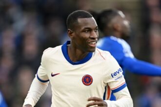 Nicolas Jackson celebrates a goal for Chelsea