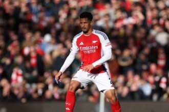 William Saliba in action for Arsenal vs West Ham
