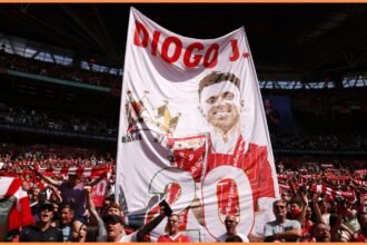A Diogo Jota tribute flag at the Liverpool vs Crystal Palace Community Shield clash at Wembley Stadium