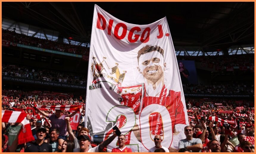 A Diogo Jota tribute flag at the Liverpool vs Crystal Palace Community Shield clash at Wembley Stadium