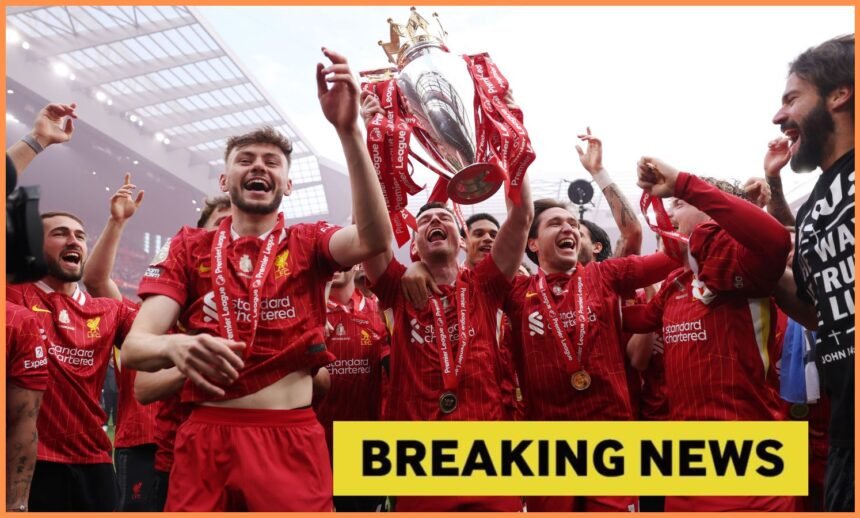 Harvey Elliott and his Liverpool teammates celebrating with the Premier League trophy