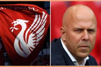 Arne Slot and the Liverpool FC logo on a flag