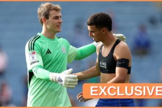 Bilal El Khannouss and Mads Hermansen of Leicester City