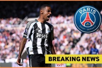 Alexander Isak, PSG logo, and