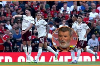 Arsenal players celebrate after scoring vs Man United, and Roy Keane in the Sky Sports studio