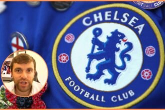 Fabrizio Romano and a close-up of the Chelsea FC logo