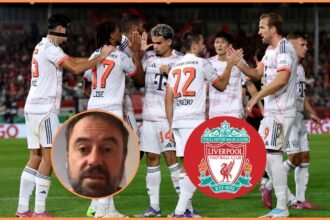 Michael Olise celebrates with his Bayern Munich teammates