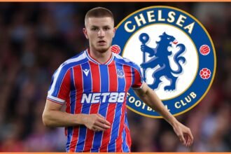 Adam Wharton in action for Palace, plus Chelsea logo