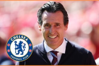 Unai Emery and the Chelsea FC logo