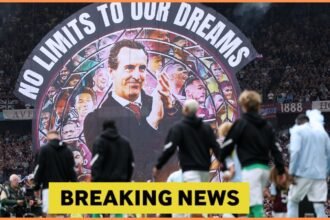 Unai Emery banner at Villa Park, plus yellow