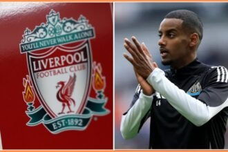 Alexander Isak of Newcastle, and the Liverpool FC logo