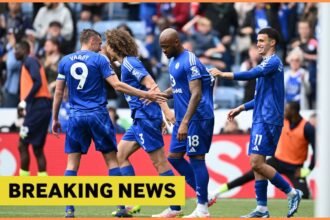 Bilal El Khannouss celebrates with his Leicester City teammates