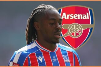 Eberechi Eze and the Arsenal logo