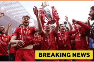 Harvey Elliott and his Liverpool teammates celebrating with the Premier League trophy