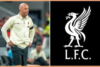 Arne Slot and the Liverpool FC logo