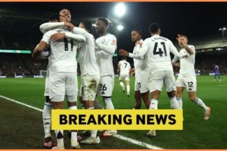 Morgan Rogers celebrates with his Aston Villa teammates