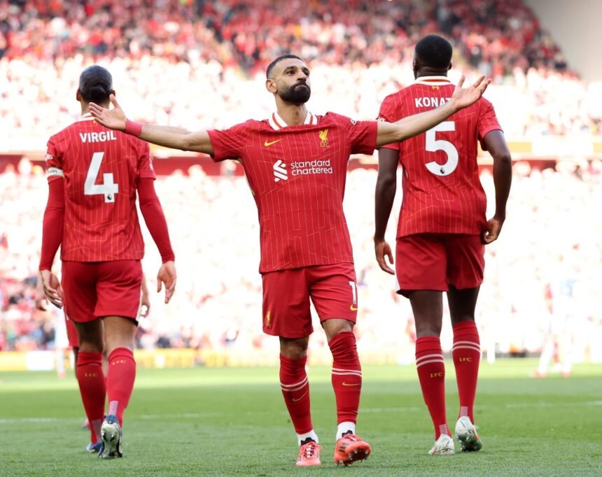 Mohamed Salah celebrates scoring as Liverpool beat Tottenham 5-1 at Anfield