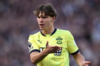 Tyler Dibling of Southampton in action against West Ham