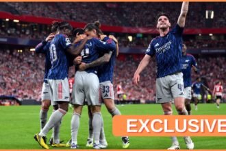 Arsenal players celebrate in the win over Athletic Bilbao