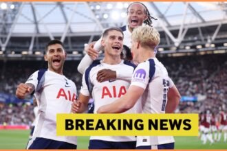 Micky van de Ven celebrates with his Tottenham teammates