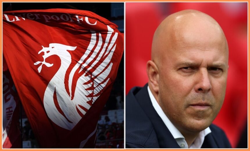 Arne Slot and the Liverpool FC logo on a flag