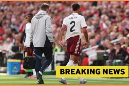 William Saliba walking off after picking up an injury for Arsenal