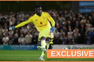 Andre Onana takes a penalty for Manchester United