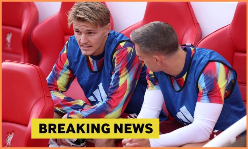 Martin Odegaard and Leandro Trossard on the Arsenal bench