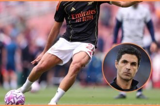 Mikel Merino warming up, and Arsenal manager Mikel Arteta