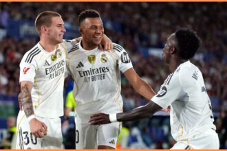 Kylian Mbappe and Vinicius Junior celebrate for Real Madrid