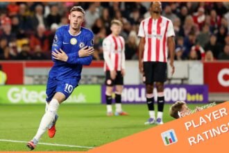 Cole Palmer celebrates his goal for Chelsea against Brentford