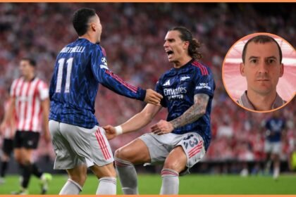 Riccardo Calafiori celebrates with Arsenal goal-scorer Gabriel Martinelli