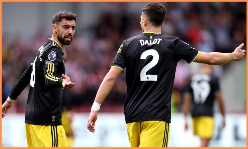 Bruno Fernandes and Diogo Dalot arguing during the Manchester United vs Brentford game