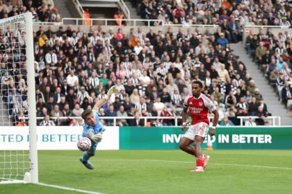Arsenal's Julientimber has a shot saved by Nick Pope