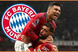 Casemiro and Bruno Fernandes celebrate for Man Utd