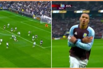 Morgan Rogers scores and celebrates for Aston Villa against Tottenham