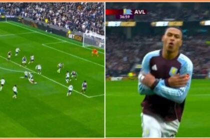 Morgan Rogers scores and celebrates for Aston Villa against Tottenham