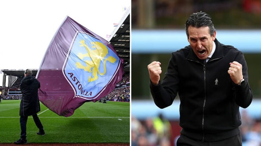 Split image of Aston Villa flag and Unai Emery