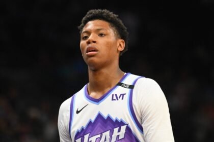 Utah Jazz Ace Bailey #19 in action during the first half of the preseason game against the Dallas Mavericks on October 13th.