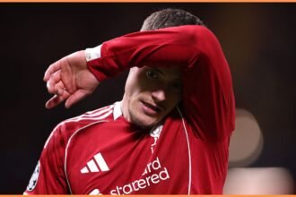 Florian Wirtz reacts during Liverpool vs Atletico Madrid