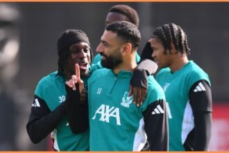 Mohamed Salah and Jeremie Frimpong in Liverpool training