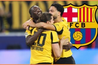 Serhou Guirassy celebrates with his Borussia Dortmund teammates