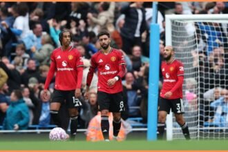 Bruno Fernandes reacts during the Manchester Derby defeat at the Etihad Stadium