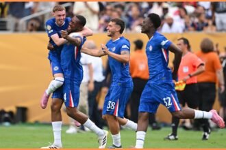 Marc Guiu celebrates with his Chelsea teammates