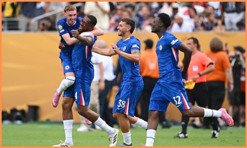 Marc Guiu celebrates with his Chelsea teammates